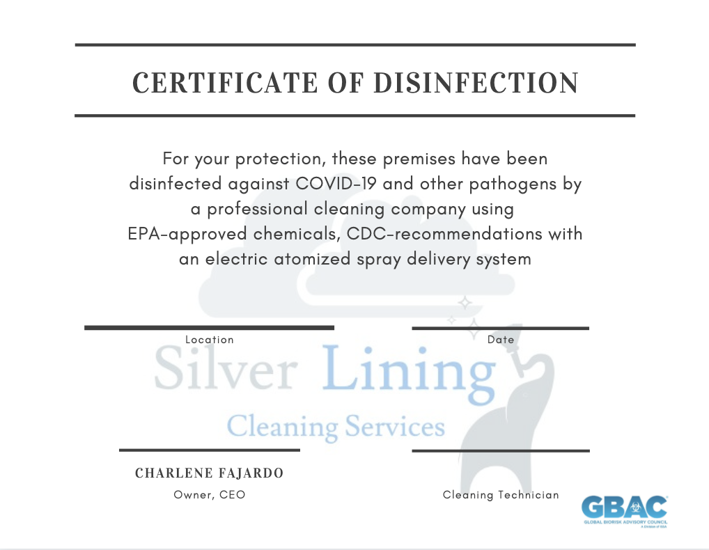office cleaning Certificate of disinfection